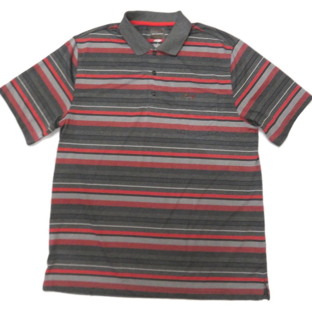 Tasso Elba Greg Norman Polo Shirt‎ Mens Large PlayDry Golf Gray Striped Pocket